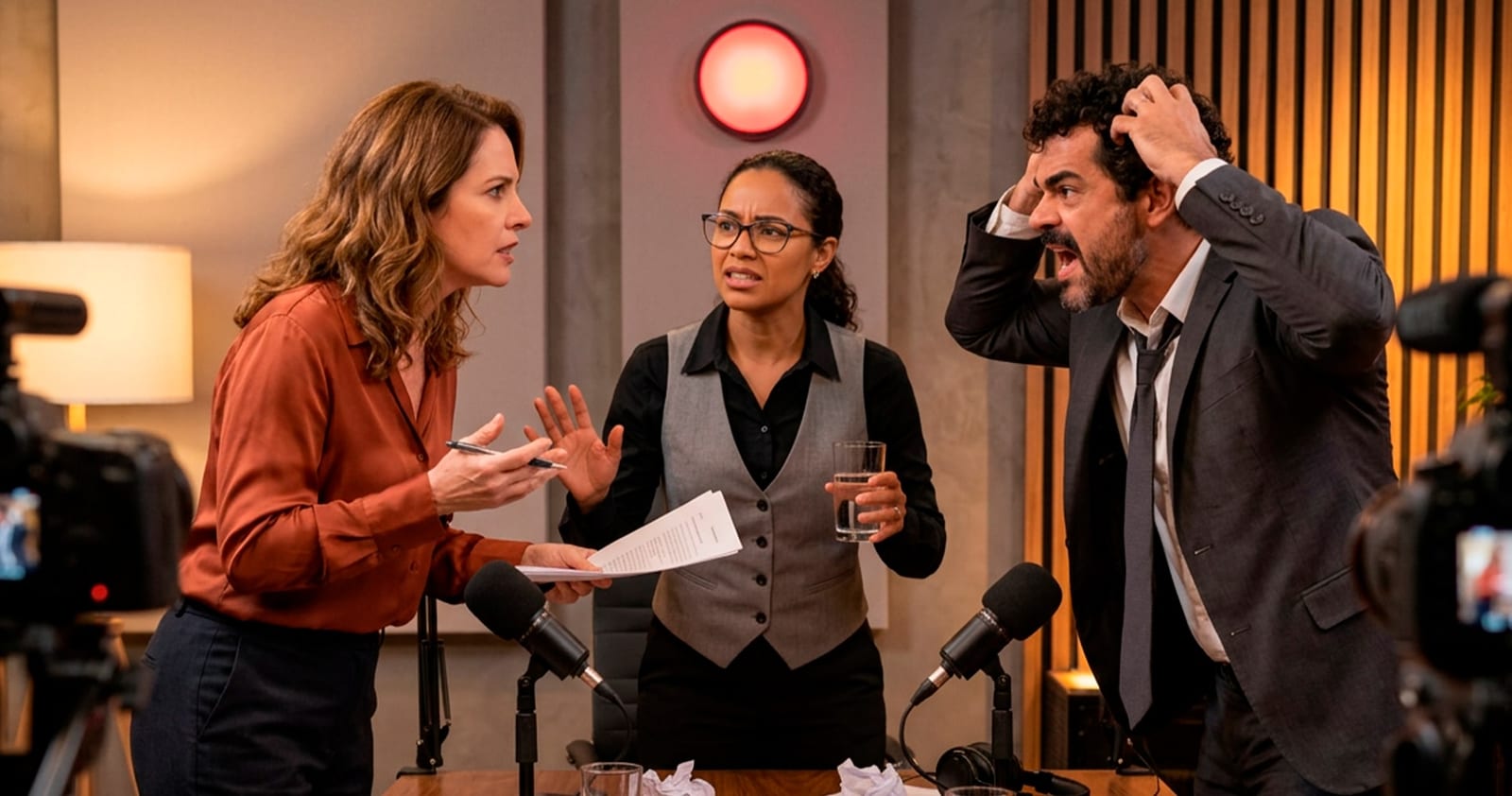 Convidado em um estúdio de entrevista tira os fones de ouvido durante uma gravação